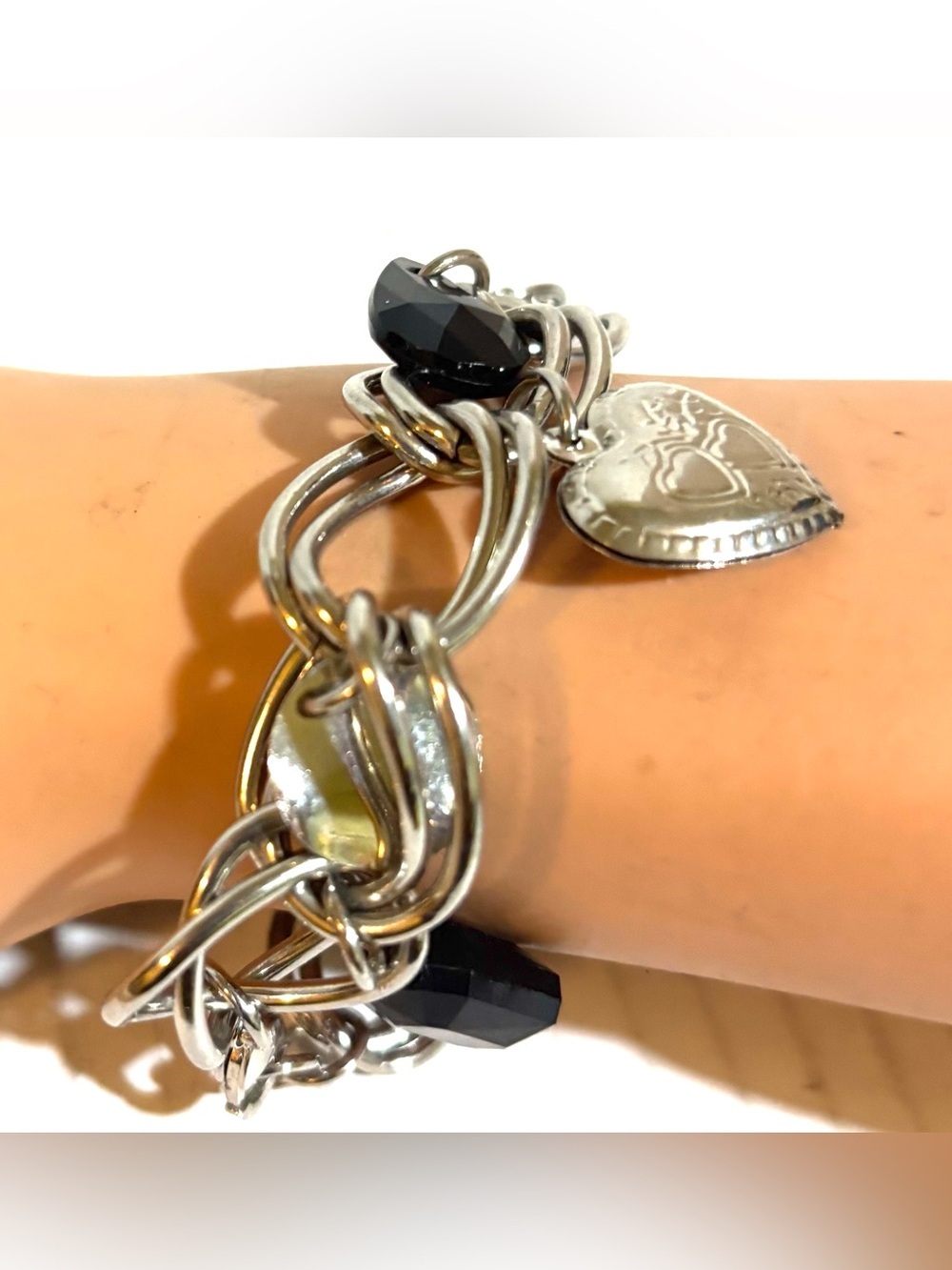 Silver tone Heart Charm Bracelet with Black Faceted plastic beads
